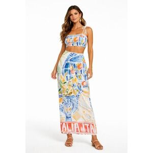 Italia Citrus Print 2 Piece Set Crop Top and Maxi Skirt Blue Orange White Large